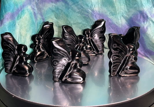 ✨  OBSIDIAN WINGED FAIRY 35mm Crystal Carving Gemstone Rare New