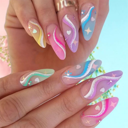Colorful False Nail with Heart Short Almond Press on Nails for Nail Art 24pcs