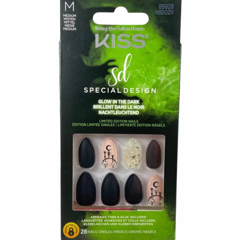 NEW Kiss Nails Halloween Glue Press Manicure Medium Almond Black Dream Catcher