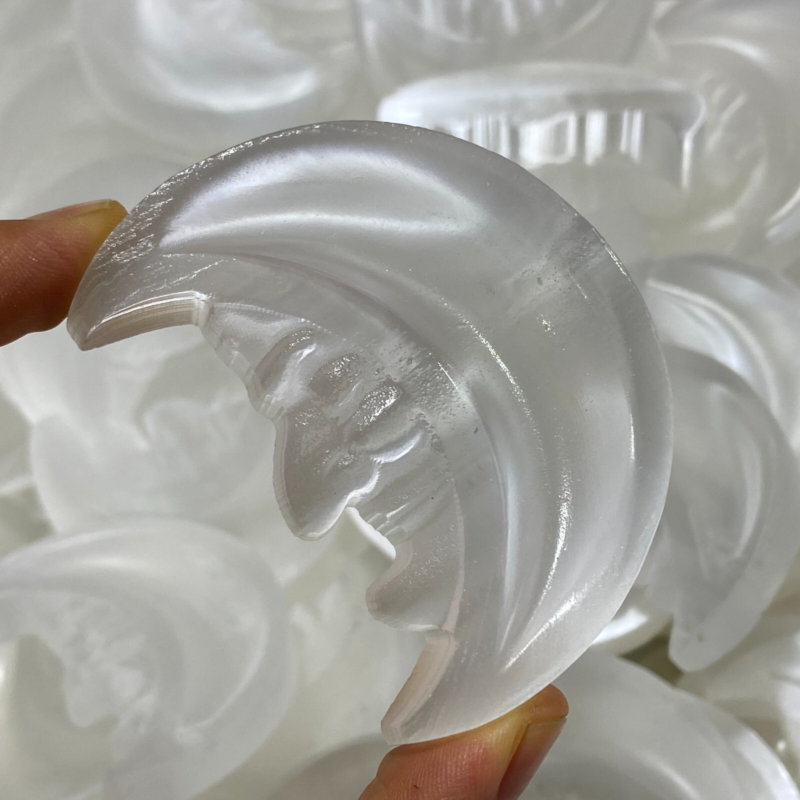 Natural Gypsum Selenite moon Hand Carved Quartz Crystal Reiki healing 1PC