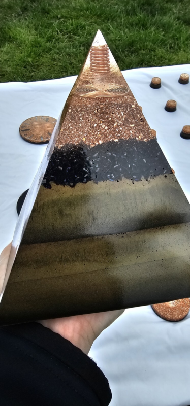 Orgonite Pyramid 6" x 6" x 6" copper coil, metal powder, quartz