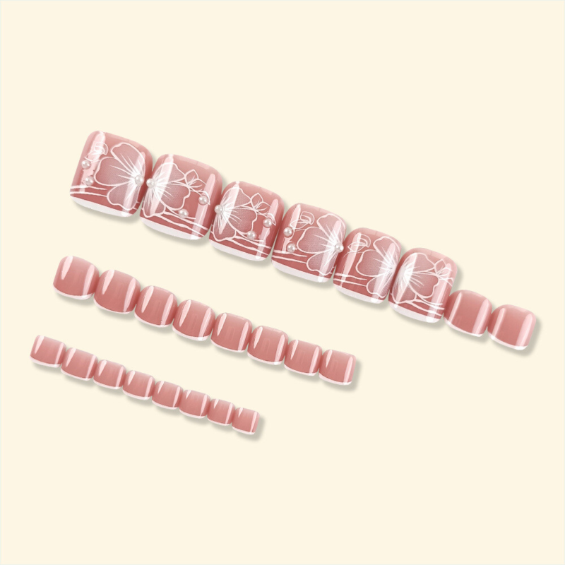 Fashionable Toe Press-On Fake Nail Elegant Pearl Flowers French Pedicure 24pcs