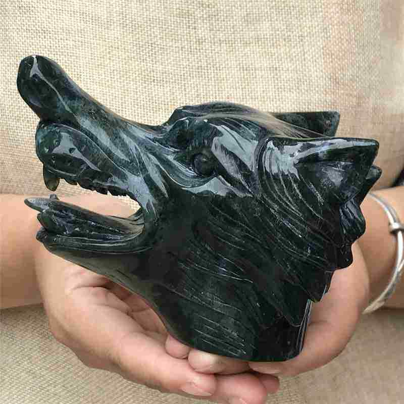 0.77kg Natural moss agate Wolf skull carved Quartz Crystal skull Healing