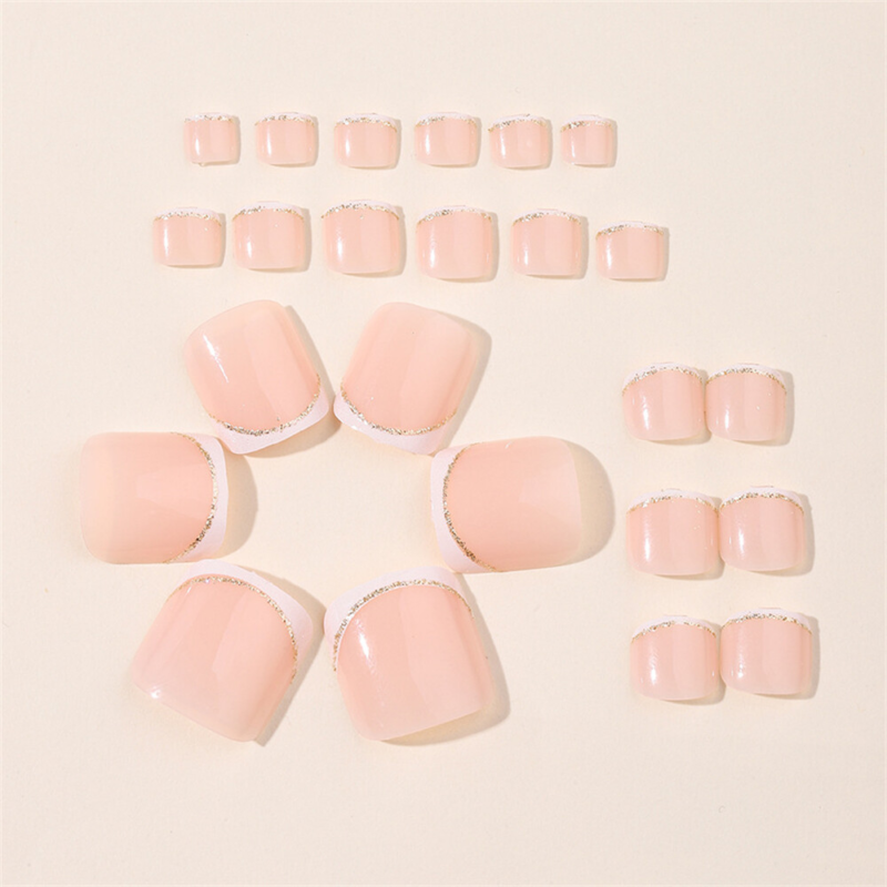Stylish Nude Color Toe Press-On False Nail Glitter White French Pedicure 24pcs