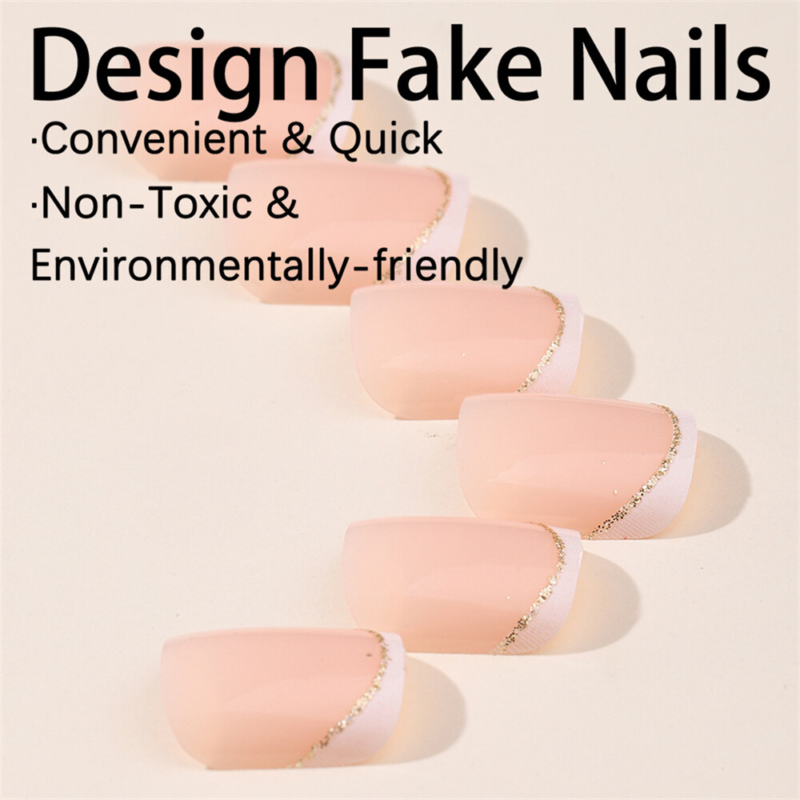 Stylish Nude Color Toe Press-On False Nail Glitter White French Pedicure 24pcs