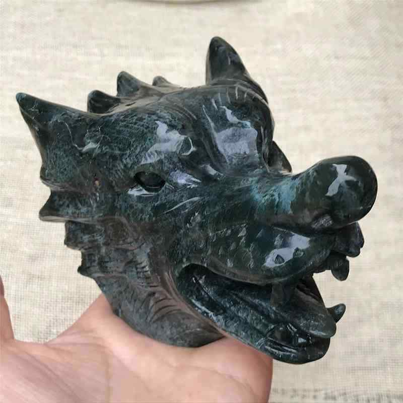 0.77kg Natural moss agate Wolf skull carved Quartz Crystal skull Healing