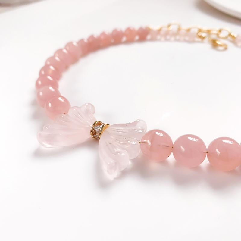 Natural Healing 10mm Rose Quartz Butterfly Pink Stone Love Choker Necklace