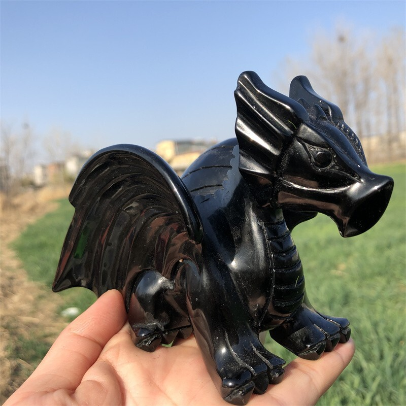 0.63kg Natural obsidian Quartz hand Carved Flying dragon crystal Reiki healing