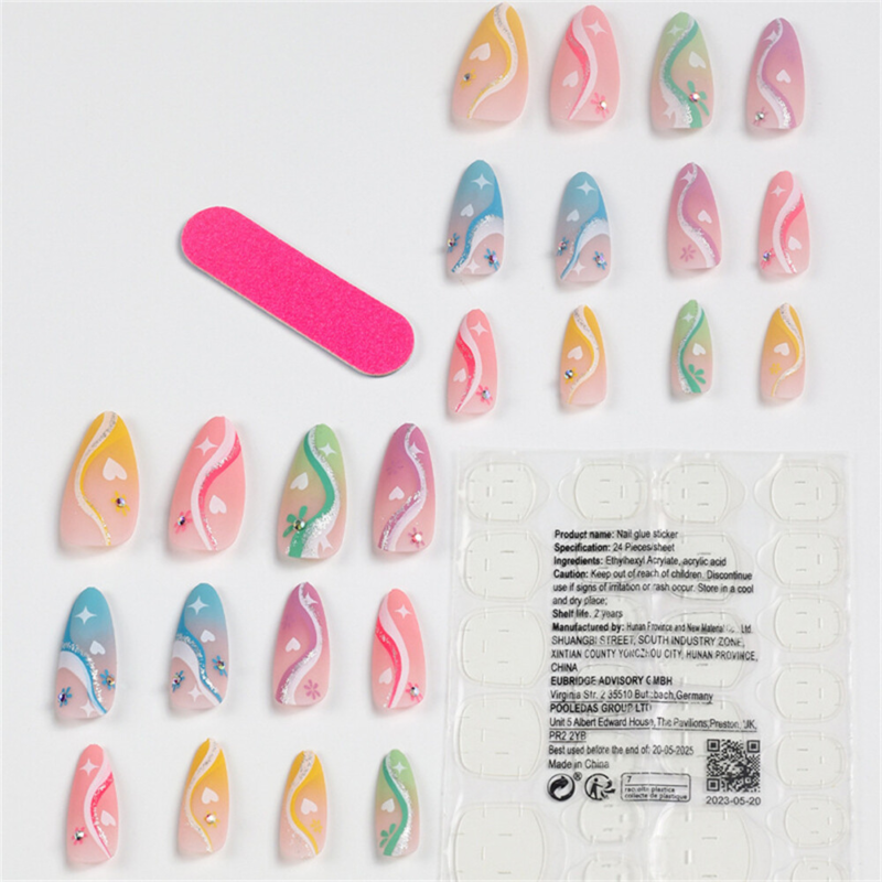 Colorful False Nail with Heart Short Almond Press on Nails for Nail Art 24pcs