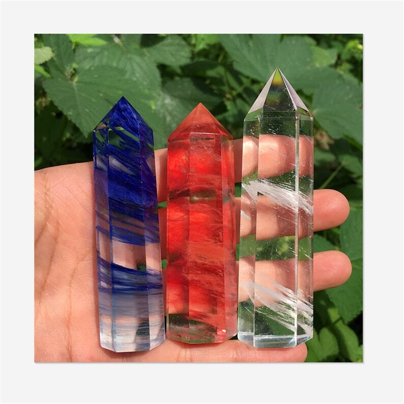 3PC Red+Blue+Clear Melting Stone Obelisk Quartz Crystal Wand Point Decoration