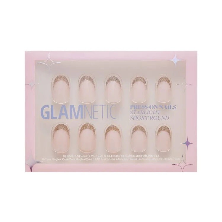 Glamnetic STARLIGHT Press-On Nails Short, Round 30 Nails Pink Nude/ Gold Tips