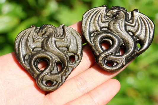 1.9" Hand Carved Natural Gold obsidian dragon Reiki Crystal Skull decor 1PC