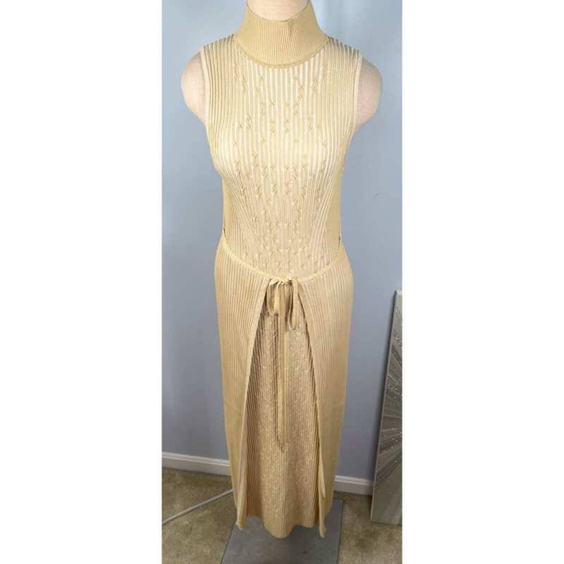 NWT Cult Gaia Knitted Liora Front Wrap Midi Dress in Off White Sand Size Large