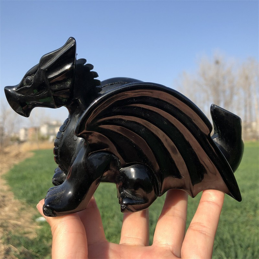 0.63kg Natural obsidian Quartz hand Carved Flying dragon crystal Reiki healing