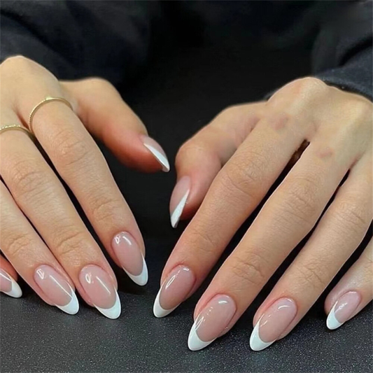 Winter French White False Nail Short Almond Press on Nails for Nail Art 24pcs