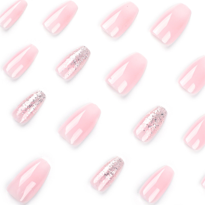 Pink Color Glitter False Nail Short Coffin Press on Nails for Nail Art 24pcs