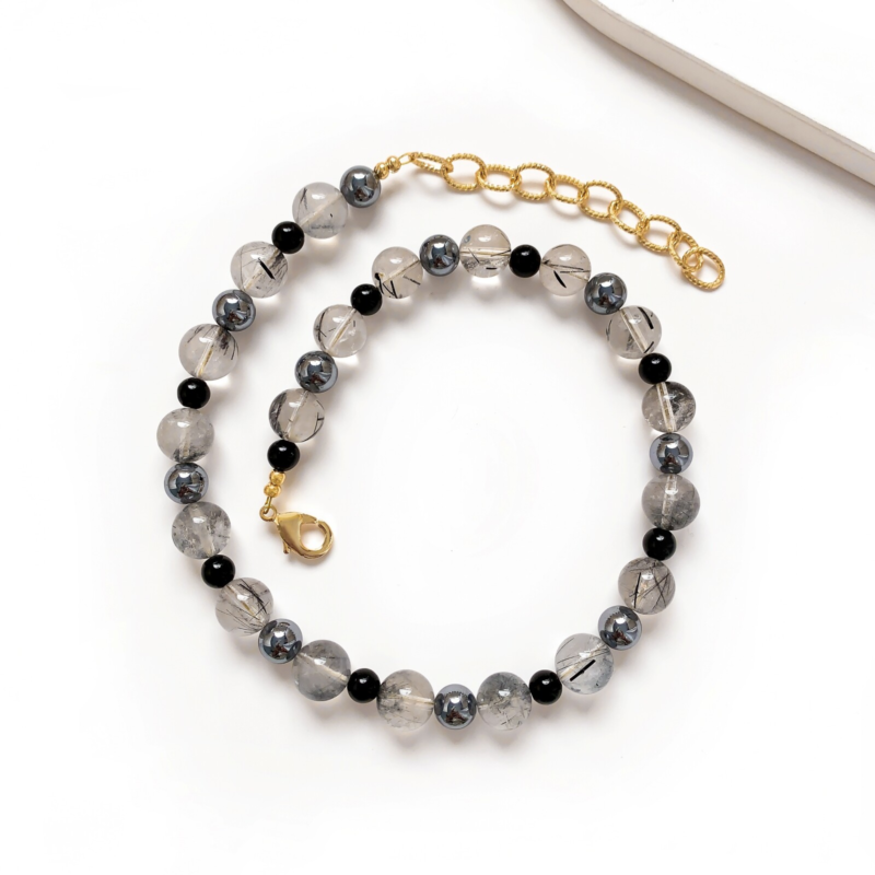 Natural Stone Healing Chakra Black Rutilated Quartz 10mm Crystal Choker Necklace