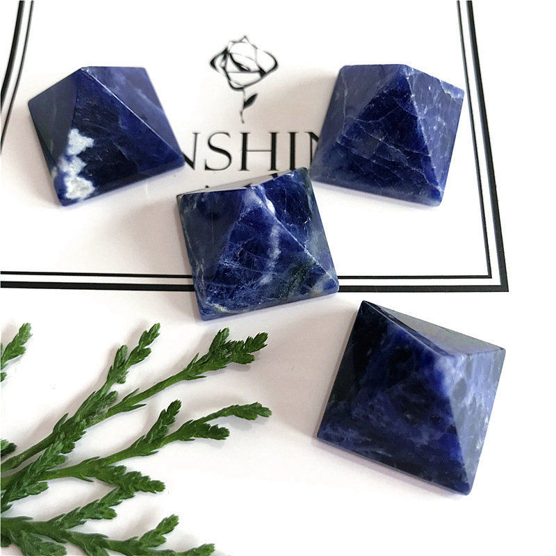 Natural Blue Vein Jade Crystal Pyramid Chakra Sodalite Quartz Energy Tower Decor