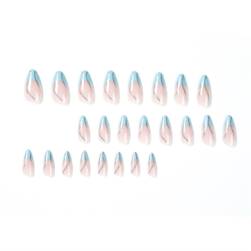 Glitter Waves Blue False Nail Short Almond Press on Nails for Nails Art 24pcs
