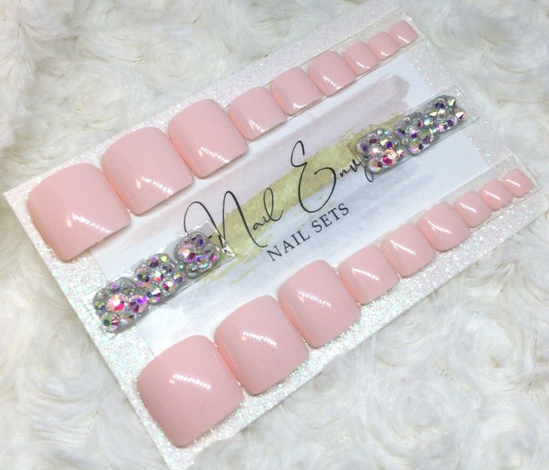 Pink Nude Diamante False Press On Toe Nails Set
