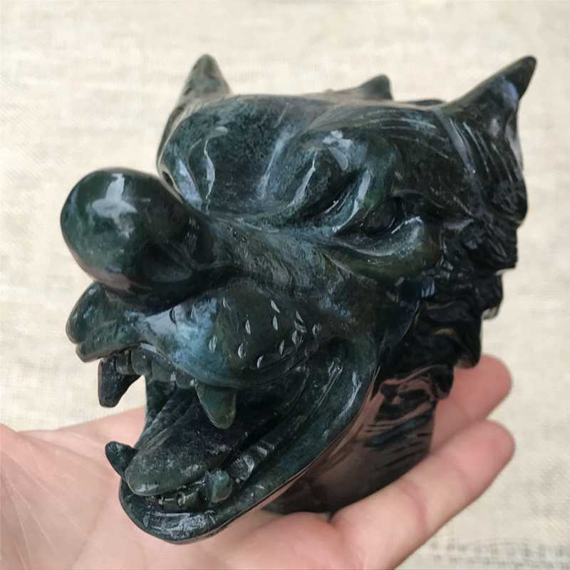 0.77kg Natural moss agate Wolf skull carved Quartz Crystal skull Healing
