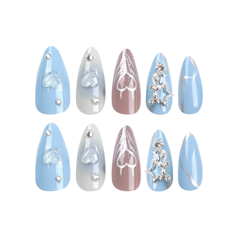 Blue False Nail with Heart Star Short Almond Press on Nails for Nail Art 24pcs