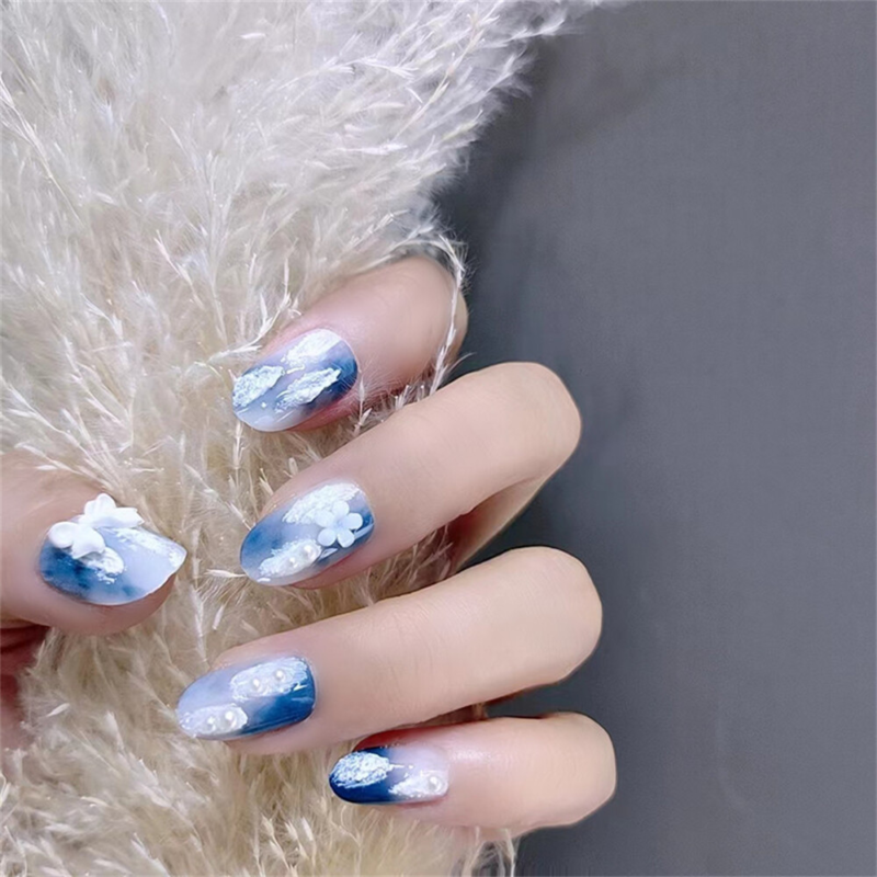 Blooming Blue Pearl False Nail Medium Almond Press on Nails for Nails Art 24pcs