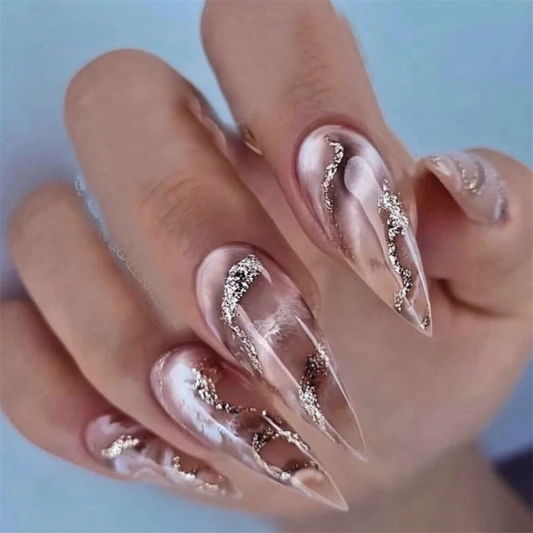 Almond Short False Nail Blooming Gold Glitter Press on Nails for Nail Art 24pcs