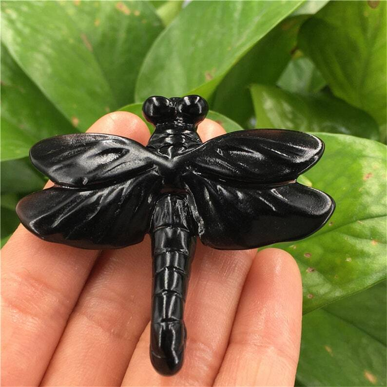 1pc Natural Obsidian Quartz Dragonfly Crystal Hand Carved animal Heal collection