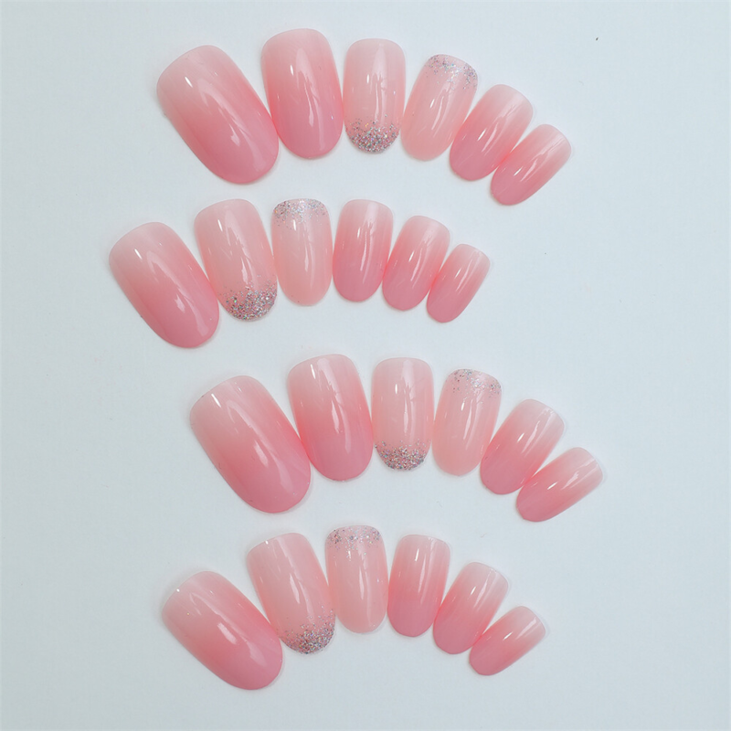 Glitter Gradient Pink False Nail Short Almond Press on Nails for Nail Art 24pcs