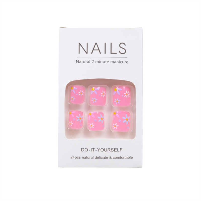 Summer Pink Toe Press-On Fake Nail Colorful Flowers Purple French Pedicure 24pcs