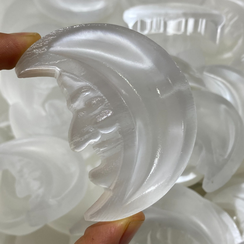 Natural Gypsum Selenite moon Hand Carved Quartz Crystal Reiki healing 1PC