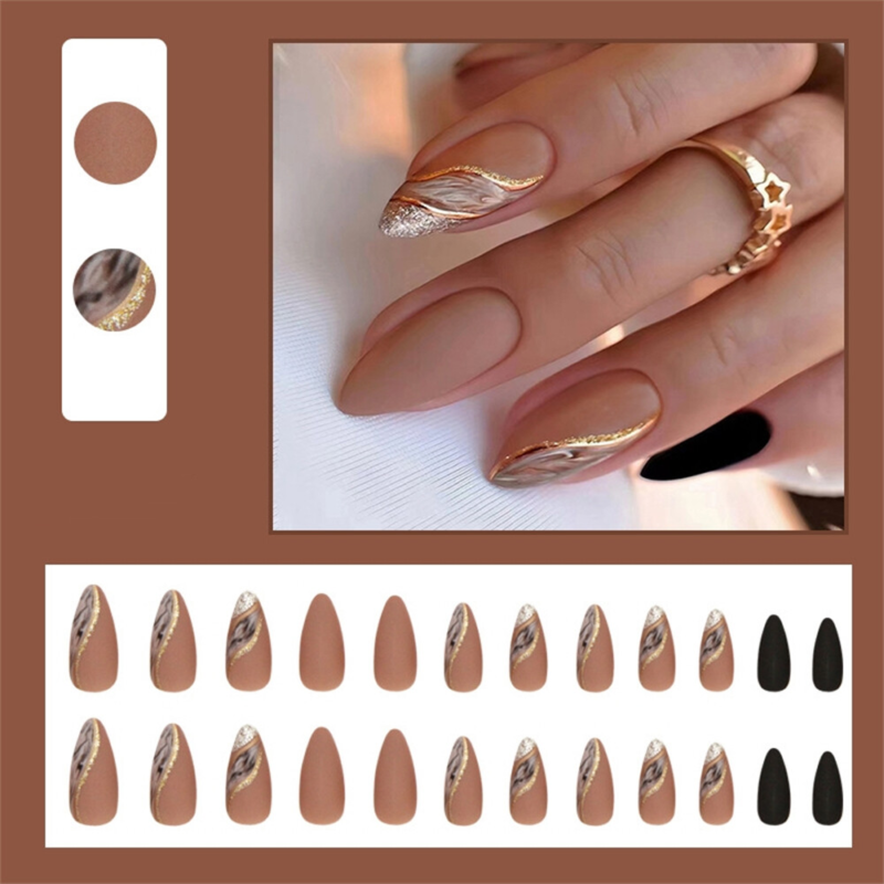 French Blooming Winter False Nail Short Almond Press on Nails for Nail Art 24pcs