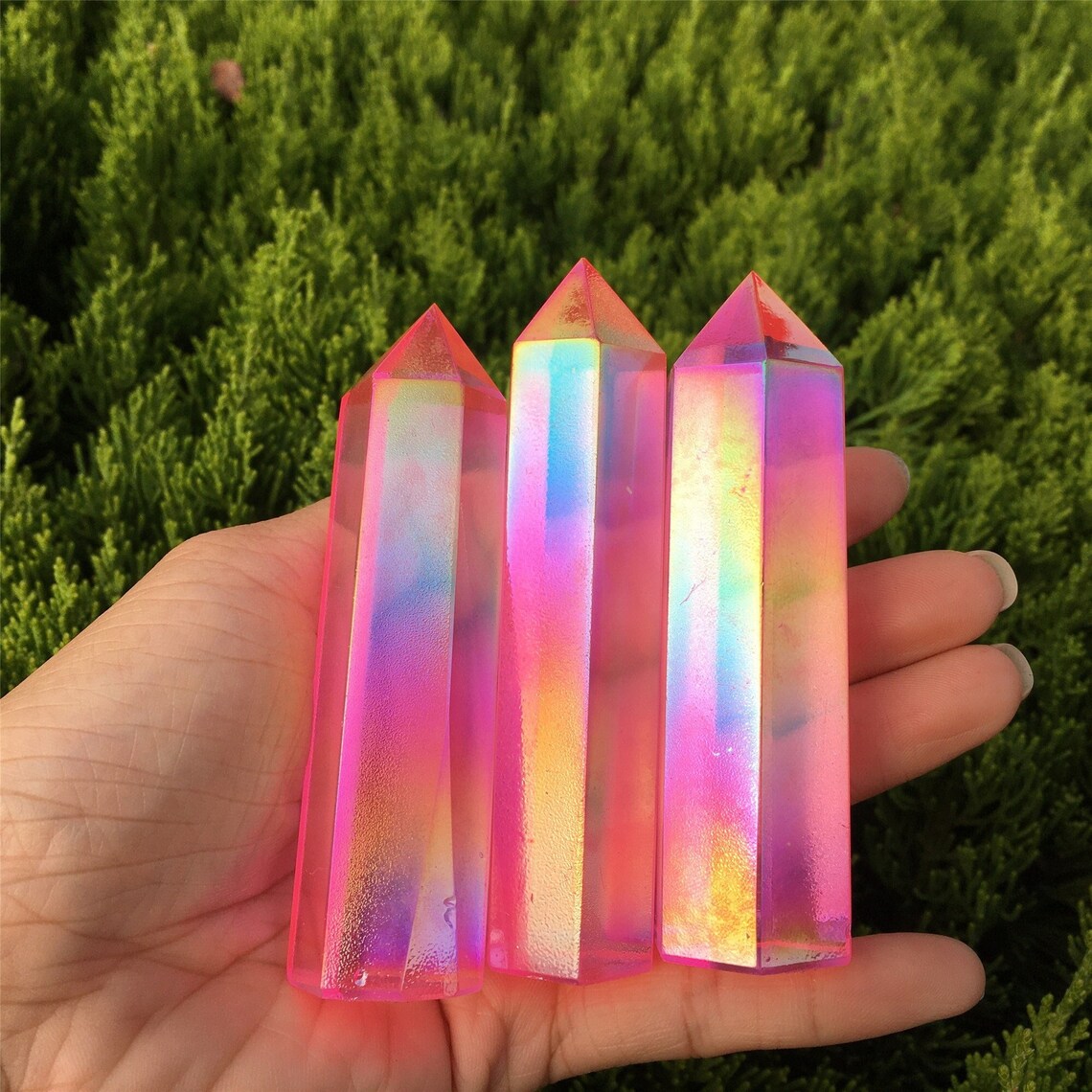1 obelisco arcoíris de titanio rosa, Piont de varita de cristal de cuarzo, torre de cristal, especímenes minerales, decoración del hogar, curación de Reiki, regalos de cristal 70 g +