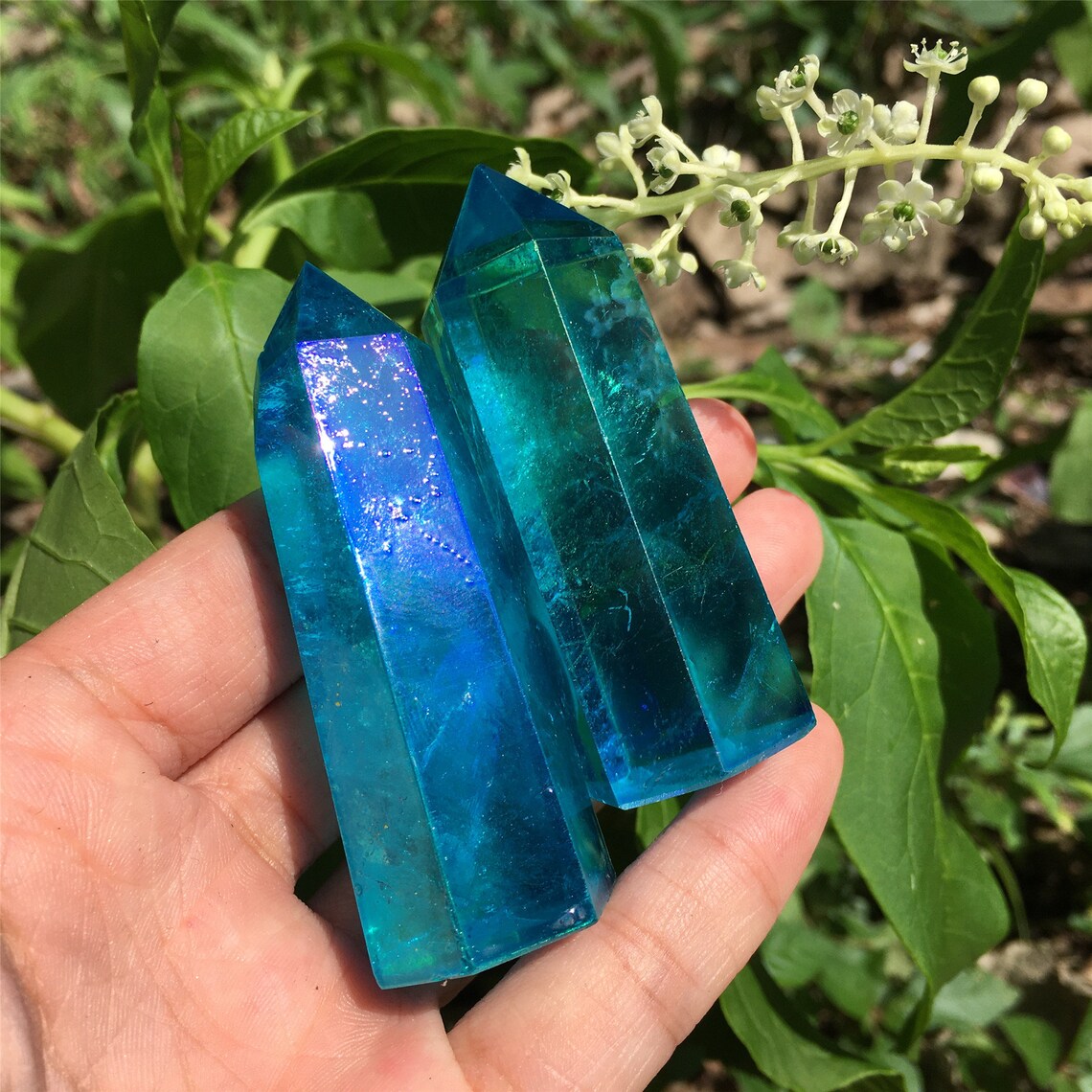1PC Blue Titanium Rainbow Obelisk,Quartz Crystal Wand Piont,Crystal Tower,Mineral specimens,Home Decoration,Reiki Heal,Crystal Gifts 50g+