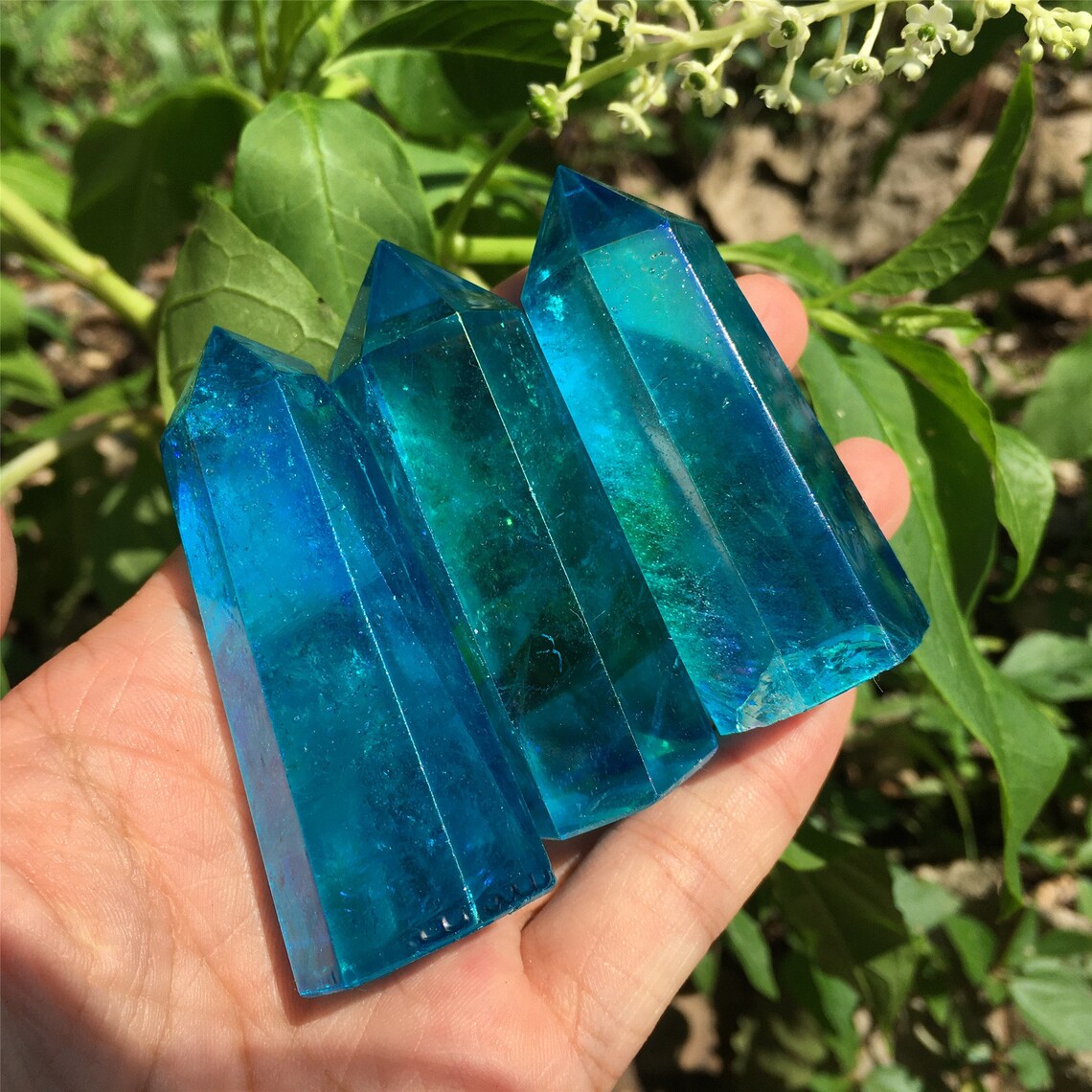 1PC Blue Titanium Rainbow Obelisk,Quartz Crystal Wand Piont,Crystal Tower,Mineral specimens,Home Decoration,Reiki Heal,Crystal Gifts 50g+