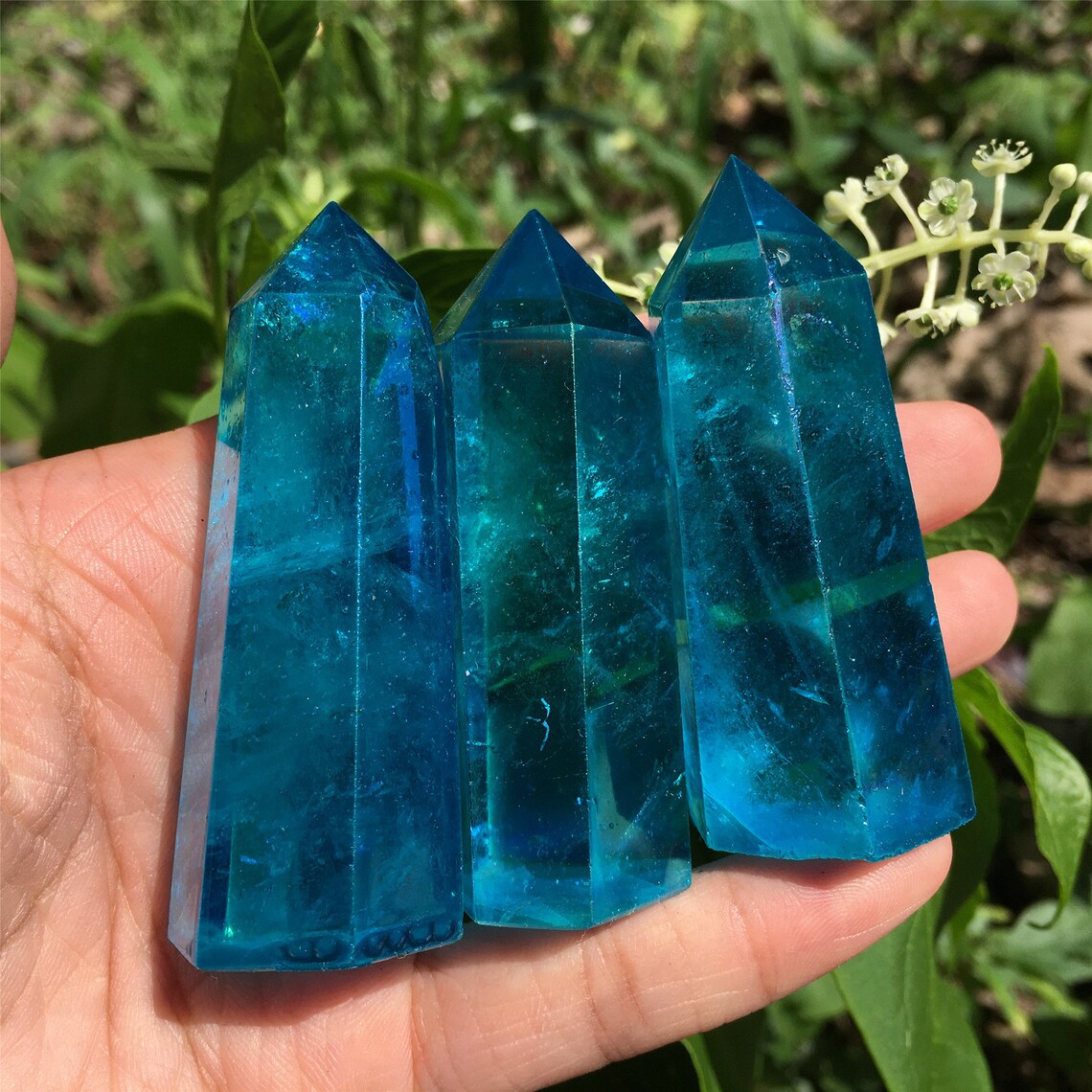 1PC Blue Titanium Rainbow Obelisk,Quartz Crystal Wand Piont,Crystal Tower,Mineral specimens,Home Decoration,Reiki Heal,Crystal Gifts 50g+