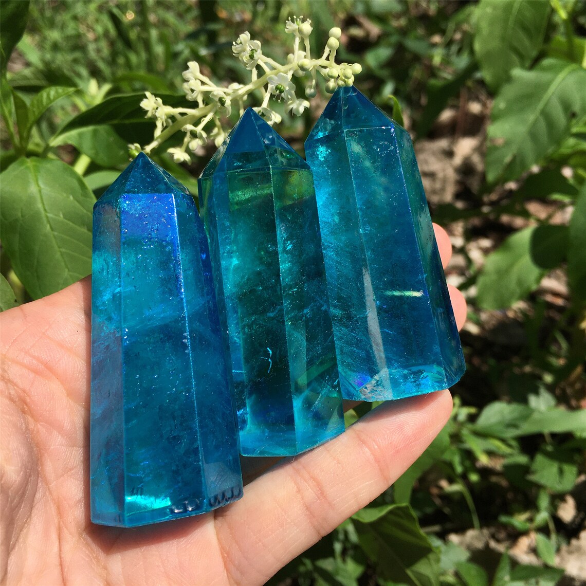 1PC Blue Titanium Rainbow Obelisk,Quartz Crystal Wand Piont,Crystal Tower,Mineral specimens,Home Decoration,Reiki Heal,Crystal Gifts 50g+