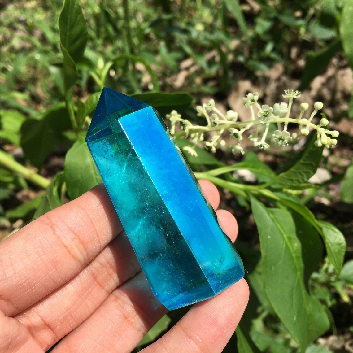 1PC Blue Titanium Rainbow Obelisk,Quartz Crystal Wand Piont,Crystal Tower,Mineral specimens,Home Decoration,Reiki Heal,Crystal Gifts 50g+