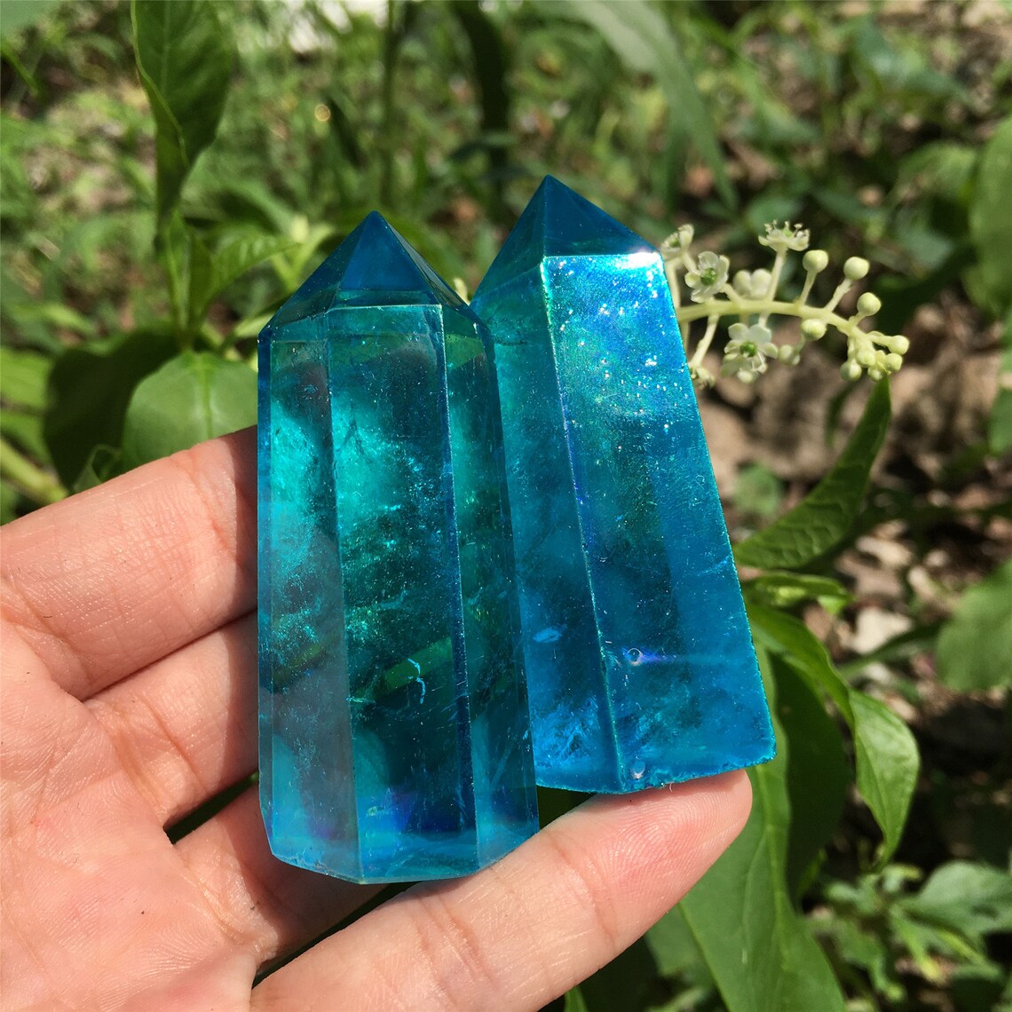 1PC Blue Titanium Rainbow Obelisk,Quartz Crystal Wand Piont,Crystal Tower,Mineral specimens,Home Decoration,Reiki Heal,Crystal Gifts 50g+