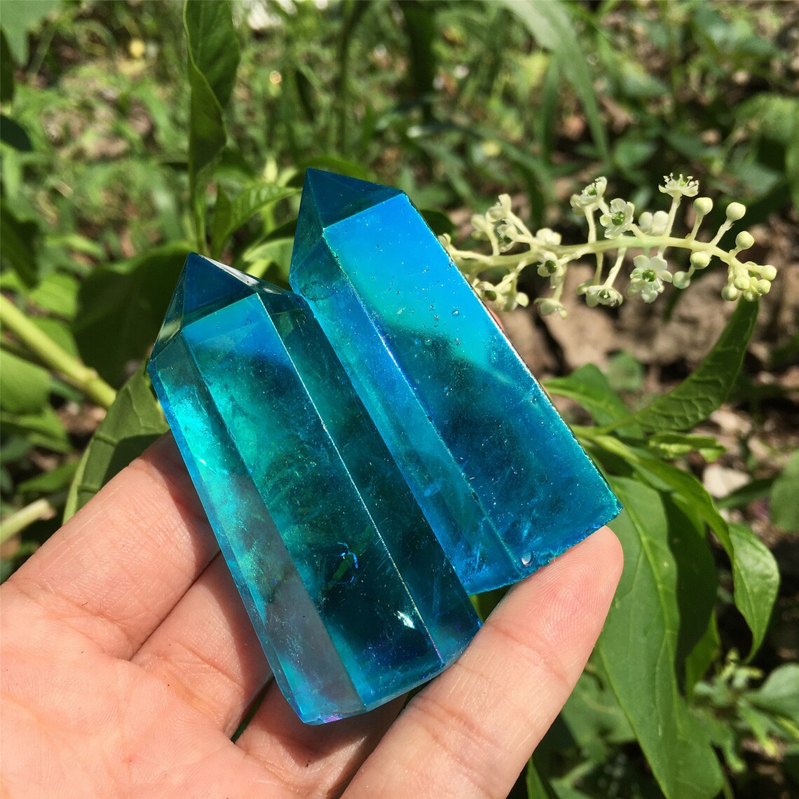 1PC Blue Titanium Rainbow Obelisk,Quartz Crystal Wand Piont,Crystal Tower,Mineral specimens,Home Decoration,Reiki Heal,Crystal Gifts 50g+