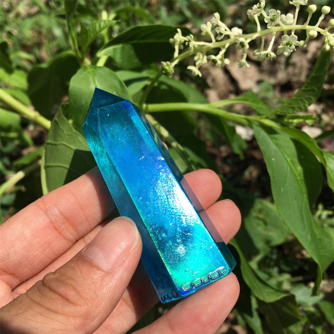 1PC Blue Titanium Rainbow Obelisk,Quartz Crystal Wand Piont,Crystal Tower,Mineral specimens,Home Decoration,Reiki Heal,Crystal Gifts 50g+