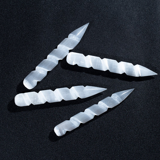 Wholesale natural white selenite gypsum carving pointed spiral wands