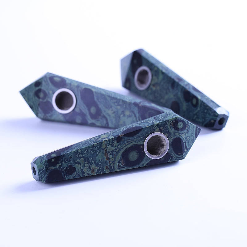 Hand carved natural Malachite quartz crystal smoking pipe