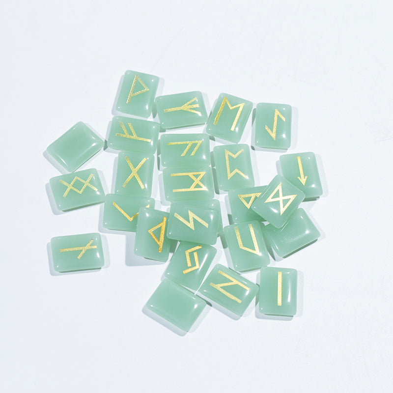 Wholesale natural green aventurine engraved runes stone,gemstone rune stone set