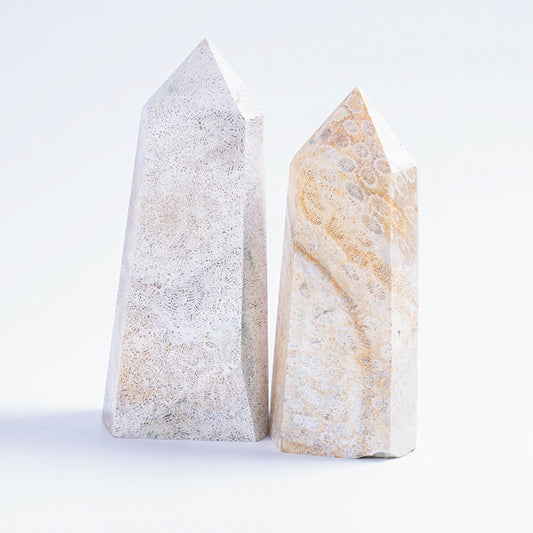 Venta al por mayor de punto de cristal Natural, torre de punto de piedra de obelisco de cristal fósil de Coral para regalo 