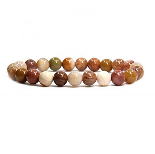 Natural Polish Red Petrified Wood Jade Semi-Precious Gemstones Healing Crystal 8mm Round Beads Stretch Bracelet 7" Unisex