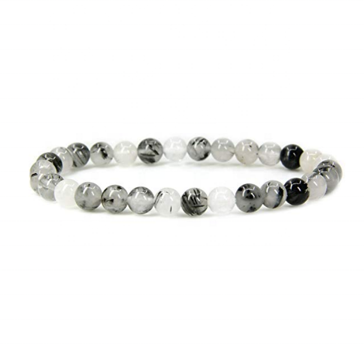 Wholesale Natural Black Rutilated Quartz Handmade Gem Semi-Precious Gemstone 6mm Round Beads Stretch Bracelet 7" Unisex