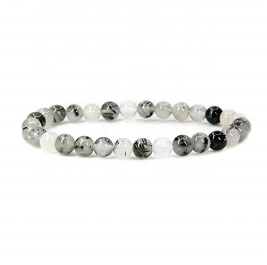 Wholesale Natural Black Rutilated Quartz Handmade Gem Semi-Precious Gemstone 6mm Round Beads Stretch Bracelet 7" Unisex