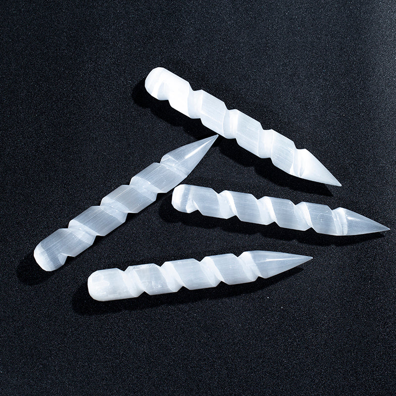 Wholesale natural white selenite gypsum carving pointed spiral wands